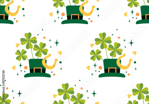 Creative seamless pattern for St. Patrick's Day. Green leprechaun hat. Leprechaun Hat And Clover Leaf