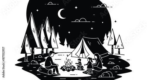 Happy Family Camping Night in the Forest with Campfire Illustration
