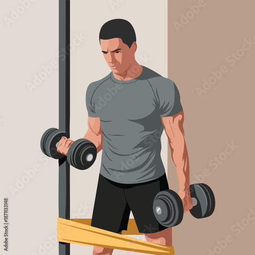 Man lifting dumbbells for bicep curls with resistance band Keywords: man, lifting, dumbbells