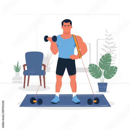 Man exercising with dumbbells and resistance bands at home Keywords: man, exercising, dumbbells