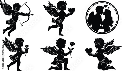 Romantic cupid silhouette icon set with angels, hearts and flowers, black and white vector illustrations for love themes
