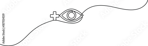Minimalist one-line art illustration of an eye featuring a medical cross in the pupil, representing ophthalmology, vision health, and medical care.