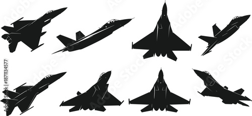 Military fighter jet silhouettes set, modern combat aircraft in multiple flight angles, aviation defense concept, black vector illustration collection