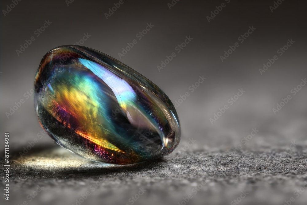 Fototapeta premium a rainbow-colored glass marble resting on a gray textured surface Concept Rainbow Glass Marble, Gray Textured Surface, Close-Up Macro Photography, Colorful Reflections and Refraction