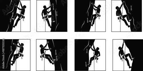 Rock climbing silhouette sequence set, male climber ascending cliff with rope and gear, extreme outdoor adventure sport, black and white vector illustration