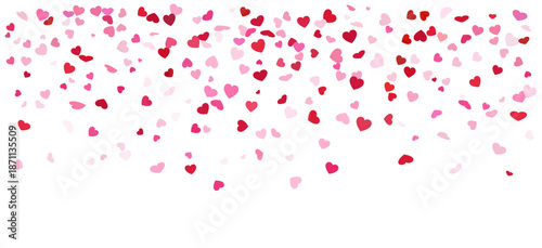 Floating Pink and Red Heart Confetti Isolated on White Background. Romantic Love Pattern with Falling Paper Hearts. Valentines Day, Birthday or Wedding Celebration Overlay, Festive Decor Vector Banner