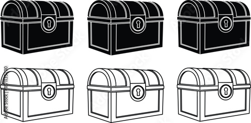 Treasure chest silhouettes and outline icons set, locked storage box designs, pirate loot concept, black and white vector illustration collection