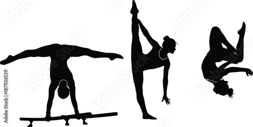Gymnast silhouettes performing balance beam handstand, flexibility leg pose, and aerial backflip showcasing strength, artistry, acrobatics, and professional gymnastics performance