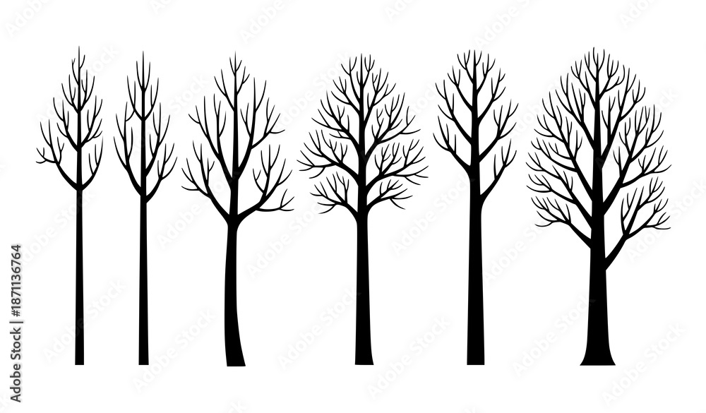 Obraz premium Winter bare trees without leaves minimal black vector illustration set