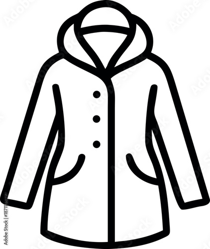 Hooded winter coat icon, vector line art illustration of a parka or jacket with buttons.