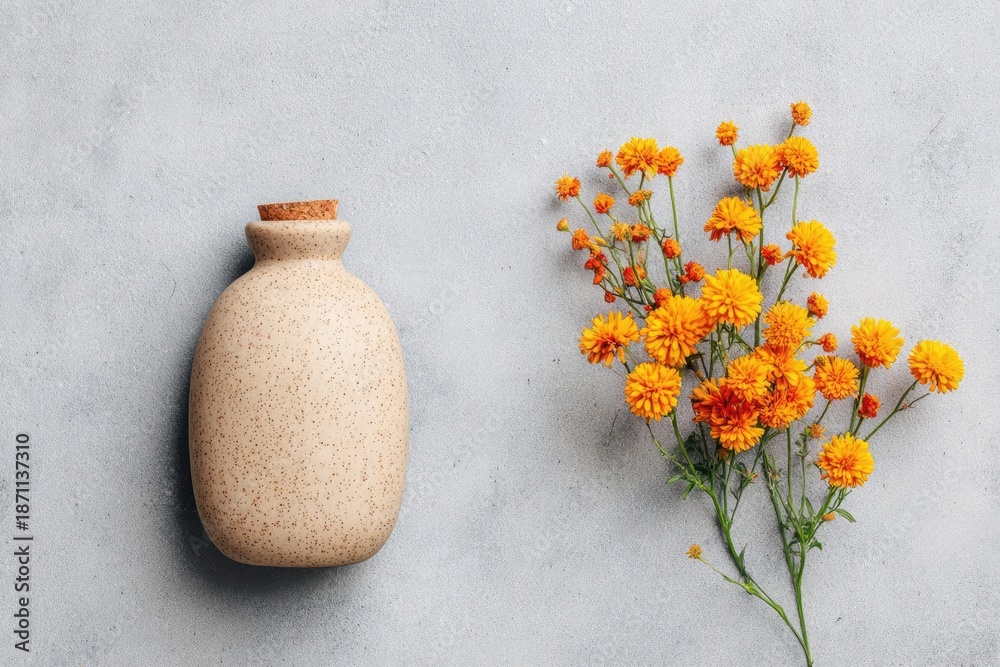 Fototapeta premium Beige speckled ceramic vase with cork stopper beside a bouquet of bright orange marigolds on a gray concrete background Concept Beige speckled ceramic vase with cork stopper