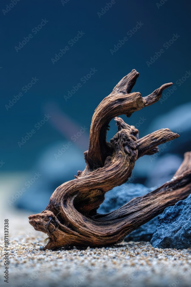 Fototapeta premium Twisted, weathered driftwood resting on gravel with a deep blue backdrop and a rock nearby. Concept Twisted Driftwood, Weathered Wood, Gravel Texture, Deep Blue Backdrop, Nearby Rock