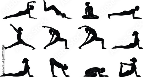 Yoga silhouettes demonstrating twelve different poses including stretching, balance, and relaxation postures showcasing fitness, flexibility, mindfulness, and wellness practice