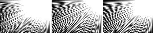 Manga comic burst effect background set with three vertical black and white speed line bursts. Radial explosion effect with bold motion lines with dynamic action and anime energy burst.