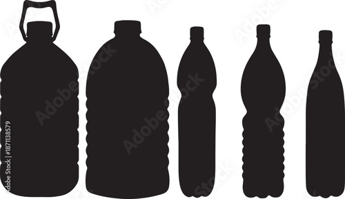 Collection of black plastic bottle silhouettes of varying sizes and shapes on white background