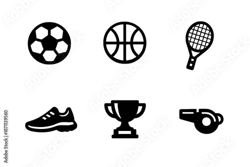 Sports vector icon set featuring common athletic equipment and competition symbols. Black flat icons ideal for dashboards, fitness apps and digital interfaces.