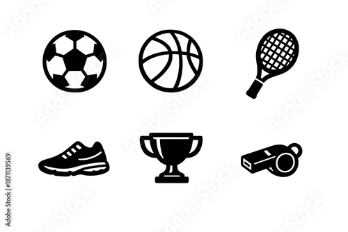 Sports basics icon set with balls, trophy and athletic symbols. Black flat vector icons with transparent background for UI, apps and sports platforms.