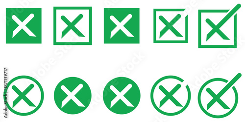 Green check and cross icons for approval and rejection isolated on white background