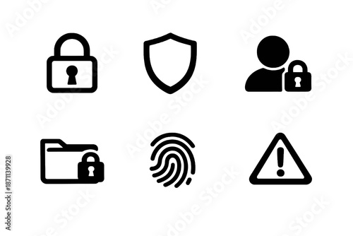 Data protection vector icon set featuring authentication, secure access and privacy icons. Black flat icons ideal for SaaS tools, dashboards and web interfaces.
