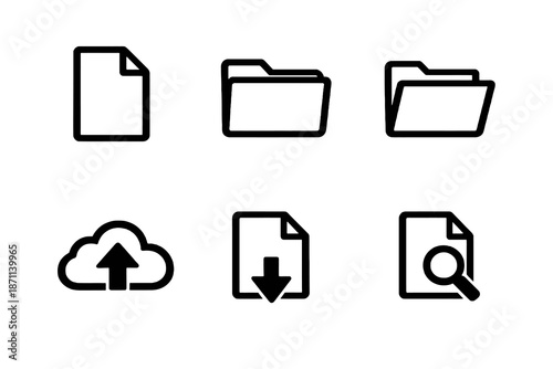 Files and folders icon set with documents, cloud upload and download symbols. Black flat vector icons with transparent background for UI, apps and websites.
