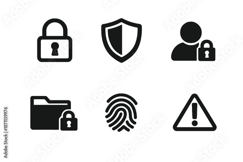 Security and privacy icon set with lock, shield and protection symbols. Black flat vector icons with transparent background for UI, apps and digital platforms.