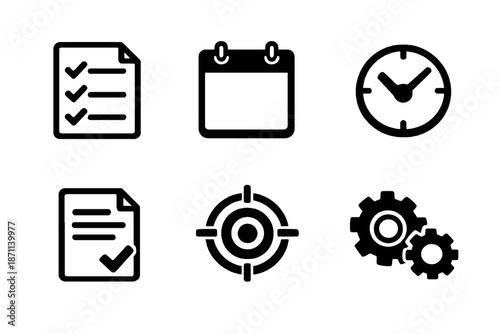 Task management vector icon set featuring checklist, calendar and focus icons. Black flat icons ideal for dashboards, SaaS platforms and digital interfaces.