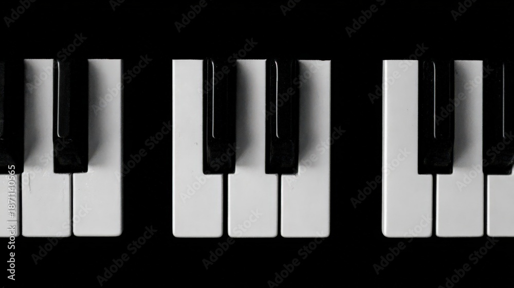 Naklejka premium Close up view prominently displays segments of white and black keys on a musical instrument against a dark background