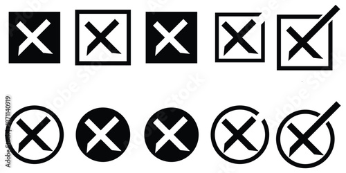 set of checkmark and cross icons in squares and circles on white background