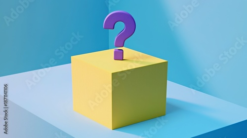 Colorful 3D illustration of a yellow cube with a purple question mark on top, set against a vibrant blue background, symbolizing curiosity and inquiry in design