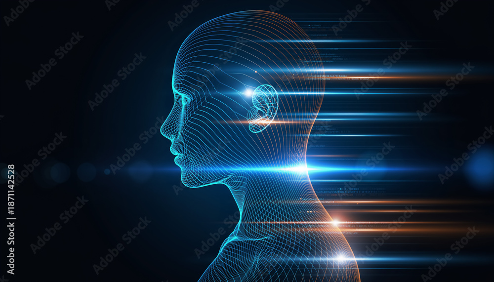 Fototapeta premium Digital human head with flowing data lines and artificial intelligence