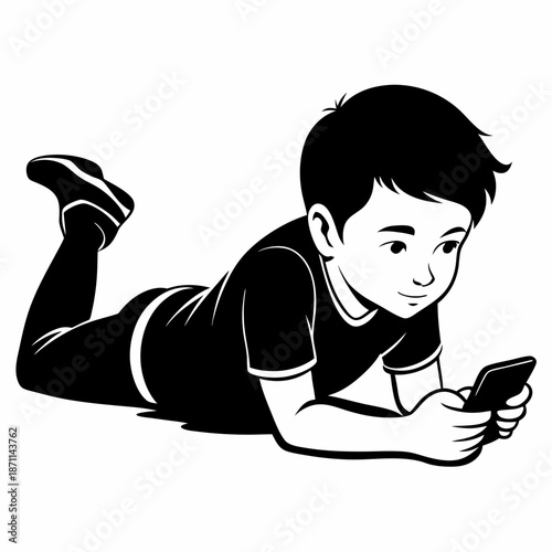 Boy lying down using smartphone black and white illustration child technology digital device mobile phone kid screen time