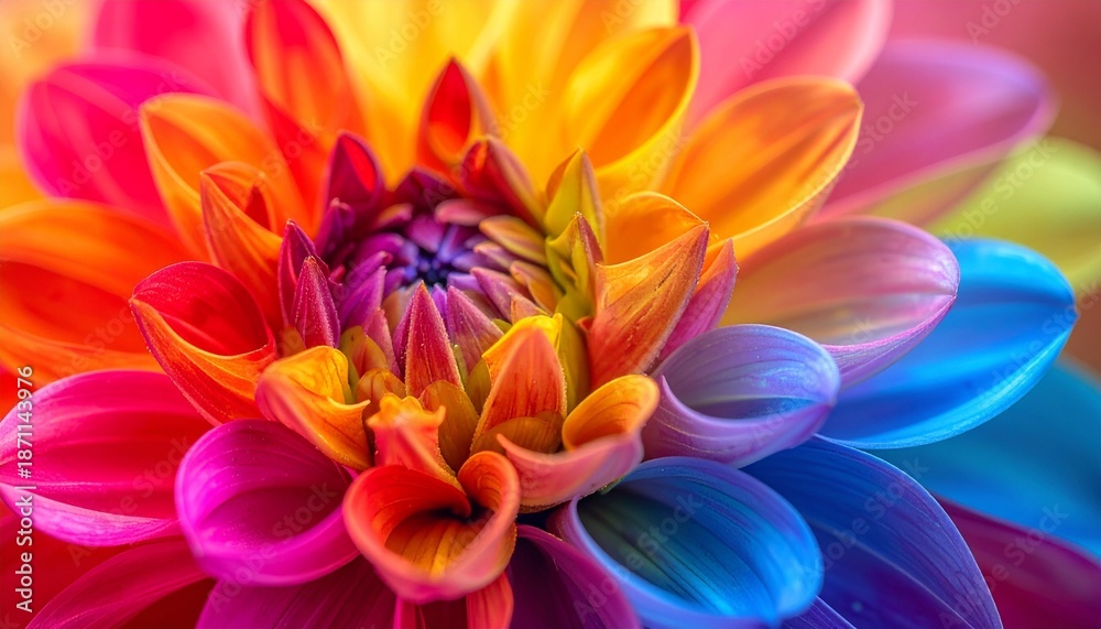 Obraz premium Multicolored flower with gradient petals in blue, purple, red, orange, yellow, and water droplets—vivid, fresh, and intricately detailed.