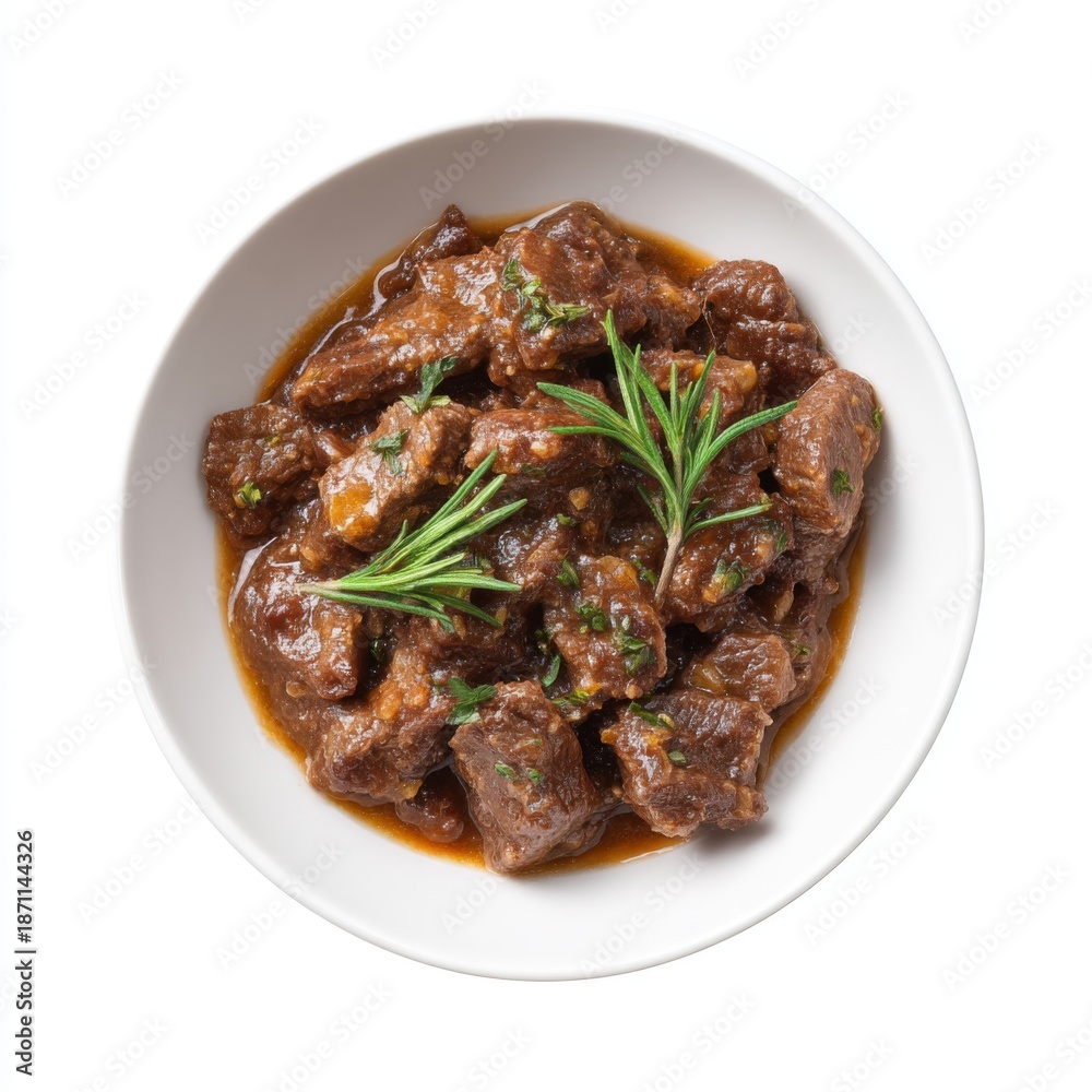 Fototapeta premium Delicious Tender Beef Stew with Fresh Herbs and Rich Gravy in a White Bowl on a Clean Background