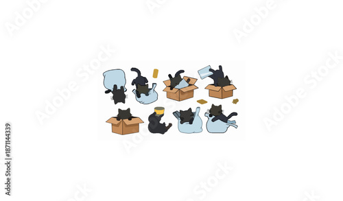 Funny black cats playing with cardboard boxes and shopping bags cute flat vector illustration
