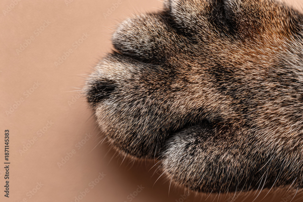 Obraz premium Cat's paw extreme closeup on beige background. Pet care banner 