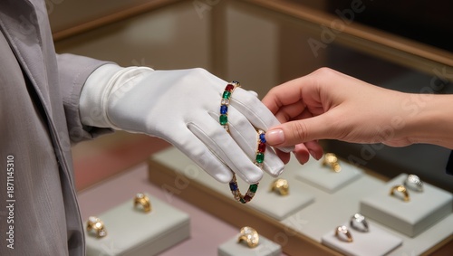Luxury jewelry store scene with gloved seller presenting gold bracelet with colorful gemstones. Customer hand touching jewelry highlights selection moment and premium retail experience
