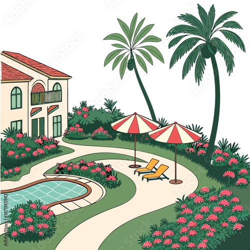 Resort style oasis garden with pool and umbrellas