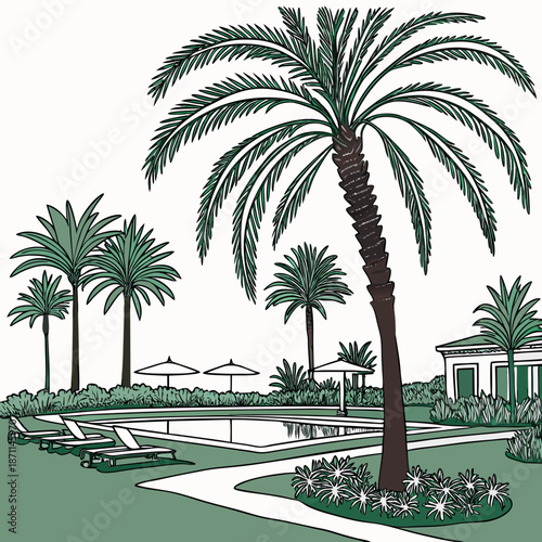 Upscale resort landscape with palm lined pool area