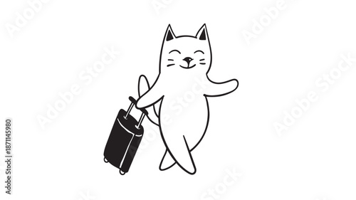 A charming cat with a suitcase ready for travel on transparent background silhouette
