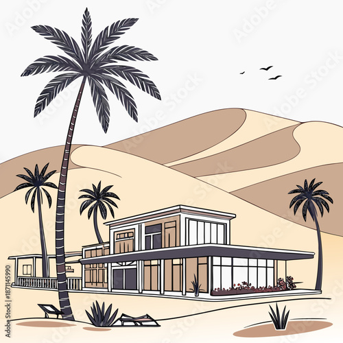 Desert resort with modern house and palm trees sand dunes