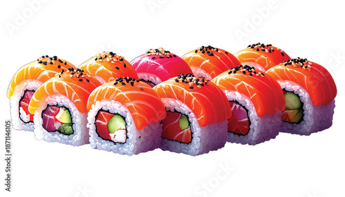 Delicious Sushi Rolls with Salmon and Tuna Toppings.