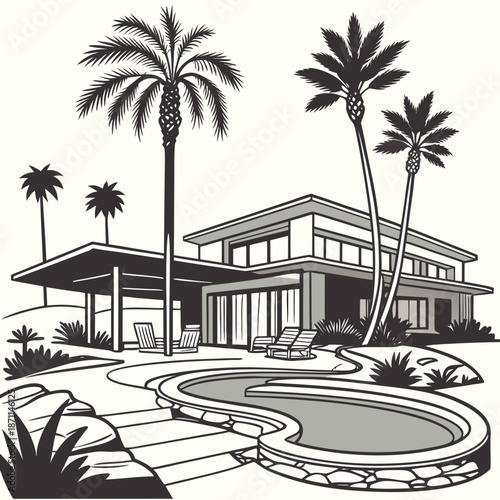 Desert modern home with curved pool and palm trees