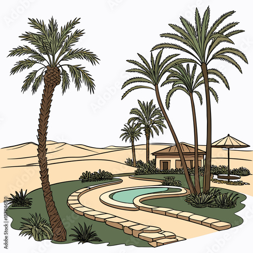 Luxury desert resort oasis with palm trees and cen