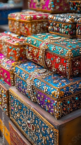 Vibrant colorful jewels and stones on ornate boxes stacked