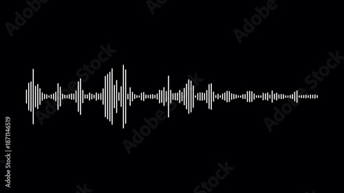 Sound waveform spectrum animation on black background. White sound waves meter- Lines audio wave visualisation. Audio waves rhythm isolated on dark background. Music waves oscillation modern.