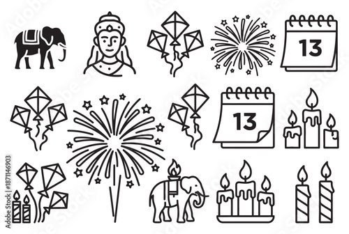 Indian Diwali festival celebration fireworks and candles line icon set isolated on white background