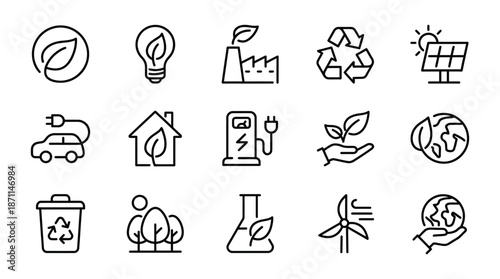 Environmental sustainability and eco friendly line icon set isolated on white background