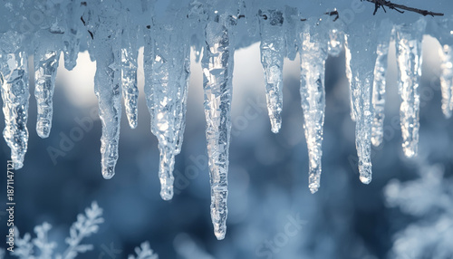 winter snow cold weather A close-up view of icicles hanging from a roof against a blurred winter background