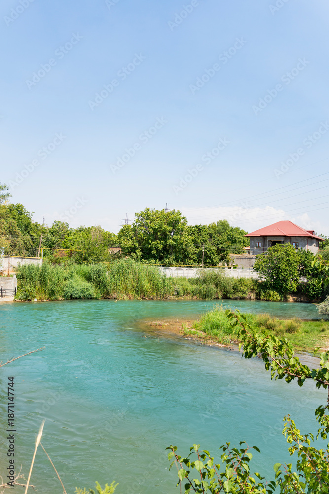 Obraz premium Vibrant Tranquil Riverside Scene Background