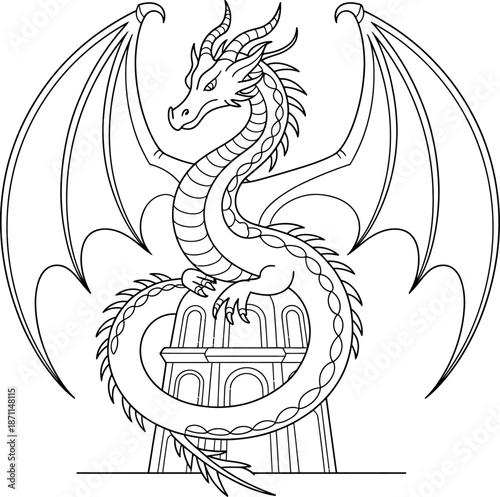 Black and white dragon with wings and detailed body